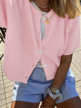Pink Short-Sleeve Knit Cardigan Sweater